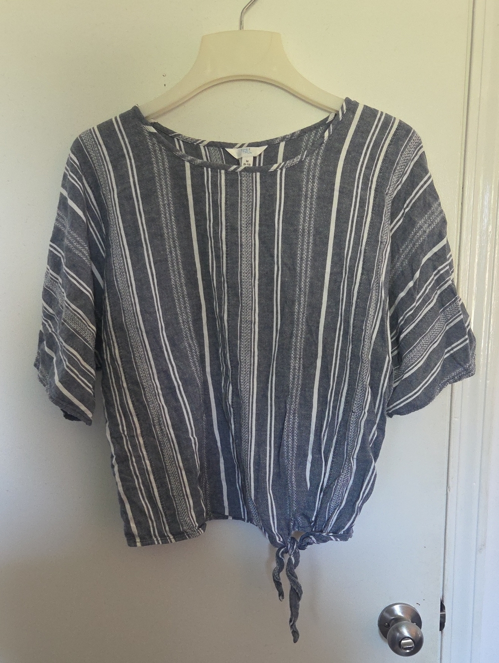 Time and Tru Blue & White Striped Tie-Front Crop Top